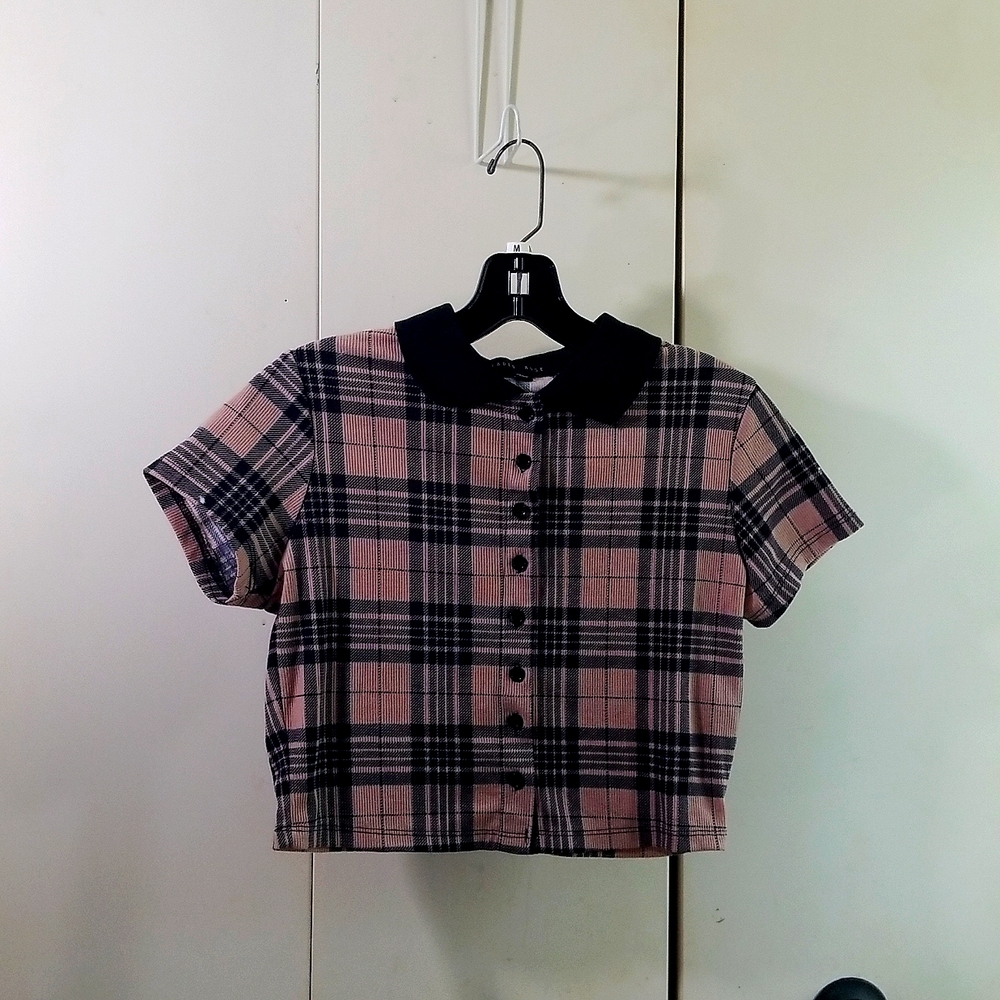 Faded Rose Cropped Plaid Polo Shirt